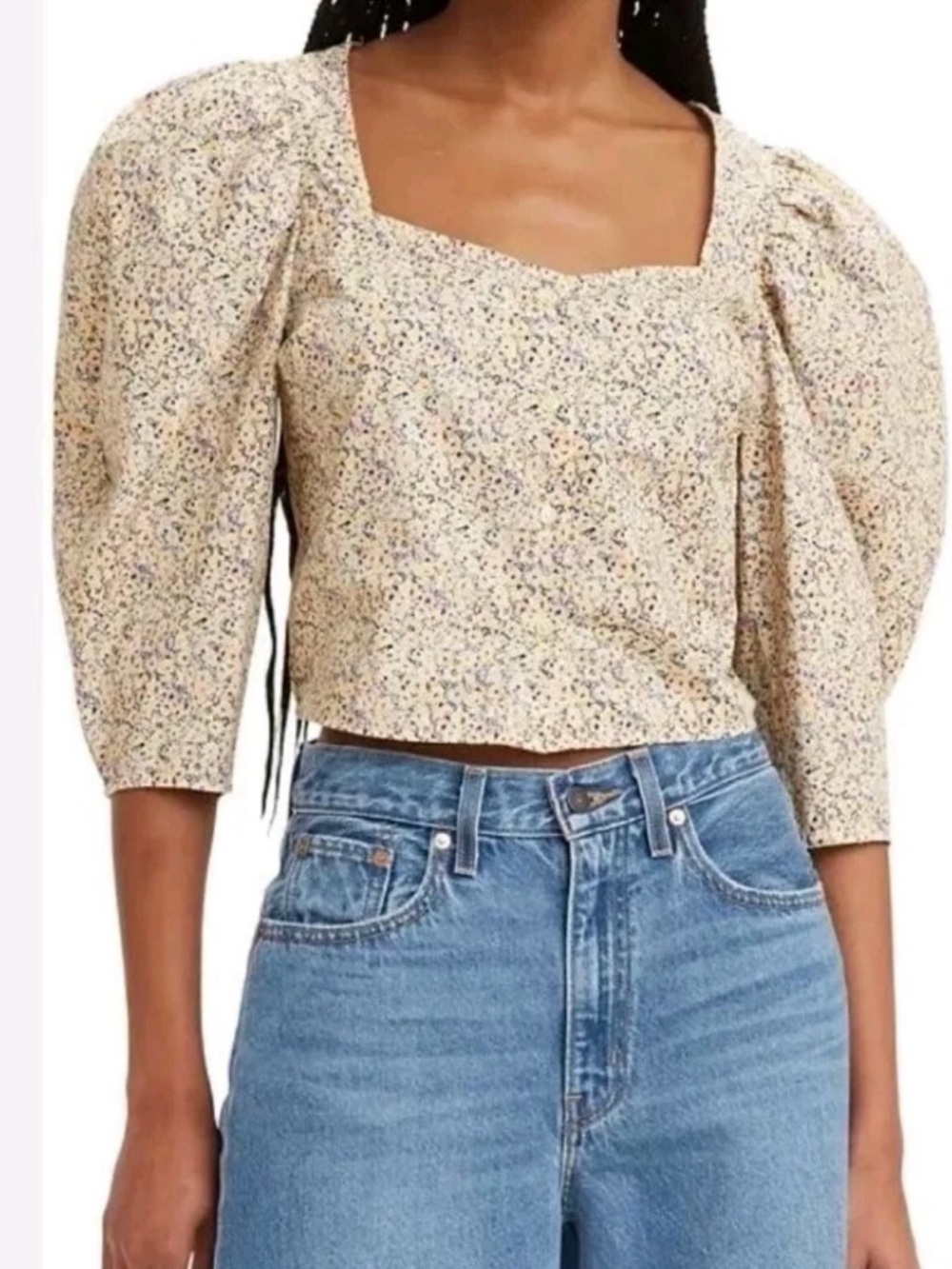 NWT Feminine Square Neck Puff Sleeve Ditzy Floral Crop Cotton Top Medium